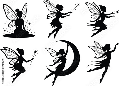 Set of six magical fairy silhouette illustrations with wings, wands, sparkles, crescent moon, fantasy art design for whimsical decoration