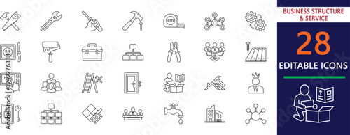 Modern business structure and service stroke icon set for corporate,  workflow,  consulting, management, operations, and startup organizational systems.