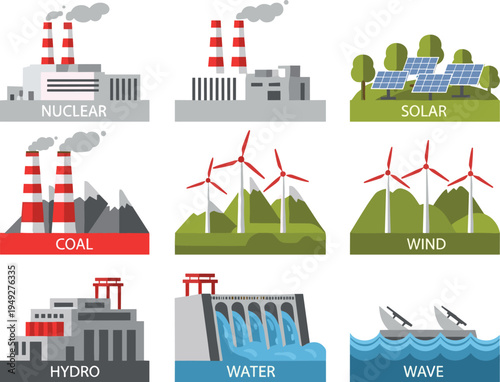 Set of renewable and non renewable energy power plant flat icons including solar wind hydro wave nuclear and coal power.
