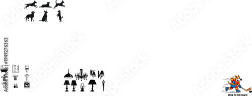 Vintage and modern lighting silhouette set featuring elegant chandeliers, wall sconces, table lamps, pendant lights, and outdoor torch, vector illustration for interior decor and home lighting design.