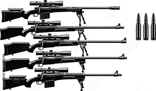 Black and white sniper rifle vector illustration set with high precision scopes bipods and ammunition for tactical military design.