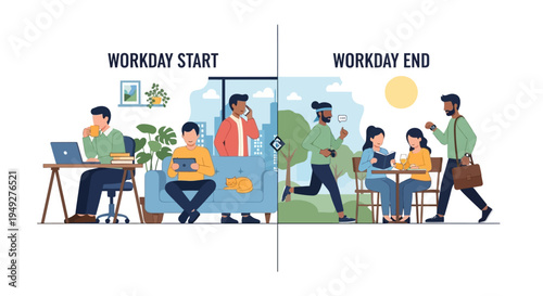 Workday Start and End: Daily Routine, Productivity, and Work-Life Balance Illustration
