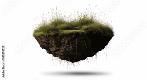 Floating soil with grass and roots on white background