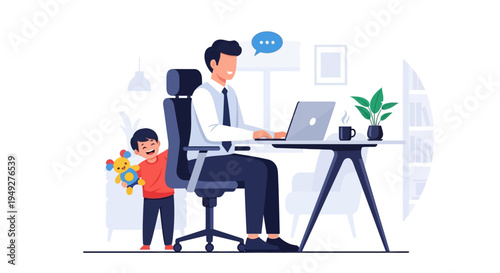 Happy Father Working Remotely on Laptop, Son Plays. Home Office Work-Life Balance Illustration.