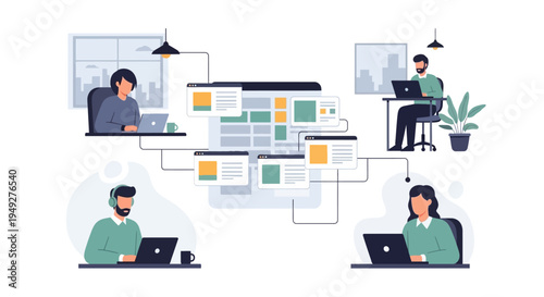 Remote Team Collaboration and Digital Workflow Illustration. Global Distributed Workforce Working Online on Web Projects.