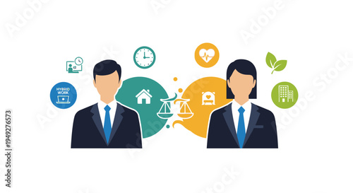 Hybrid Work-Life Balance Concept: Employees Managing Flexible Schedules, Remote Work, Corporate Environment & Personal Well-being