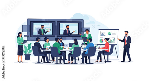 Hybrid Business Meeting: Teams Collaborate In-person & Remotely via Video Conference, Analyzing Data, Presenting Strategy - Corporate Communication Illustration