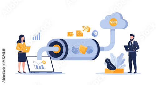 VPN Secure Data Transfer & Online Privacy. Cybersecurity Network Protection for Business with Virtual Private Network Technology.