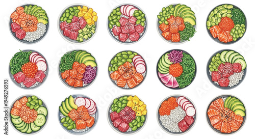 Watercolor Poke Bowl Collection with Salmon Tuna Avocado Rice and Fresh Vegetables