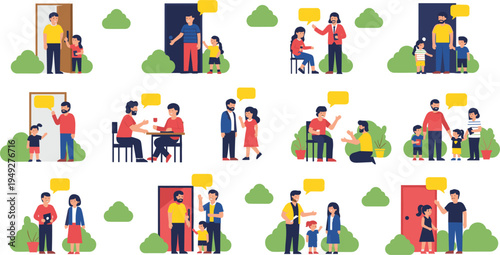 Vector Set of Family Interaction Illustrations: Conversations, Activities, and Bonding Moments
