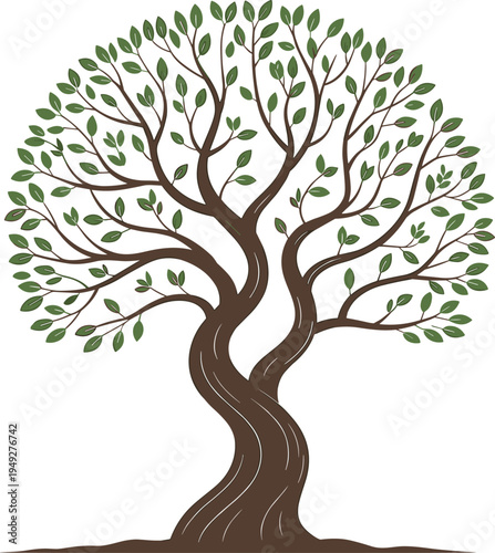 Stylized artistic tree illustration with twisted trunk, symmetrical branches, rounded canopy, green leaves, natural growth symbolizing life strength and harmony