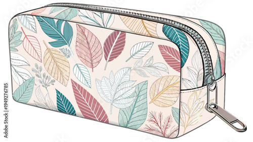 Colorful leaf patterned makeup bag with zipper closure stylish vanity pouch vector illustration