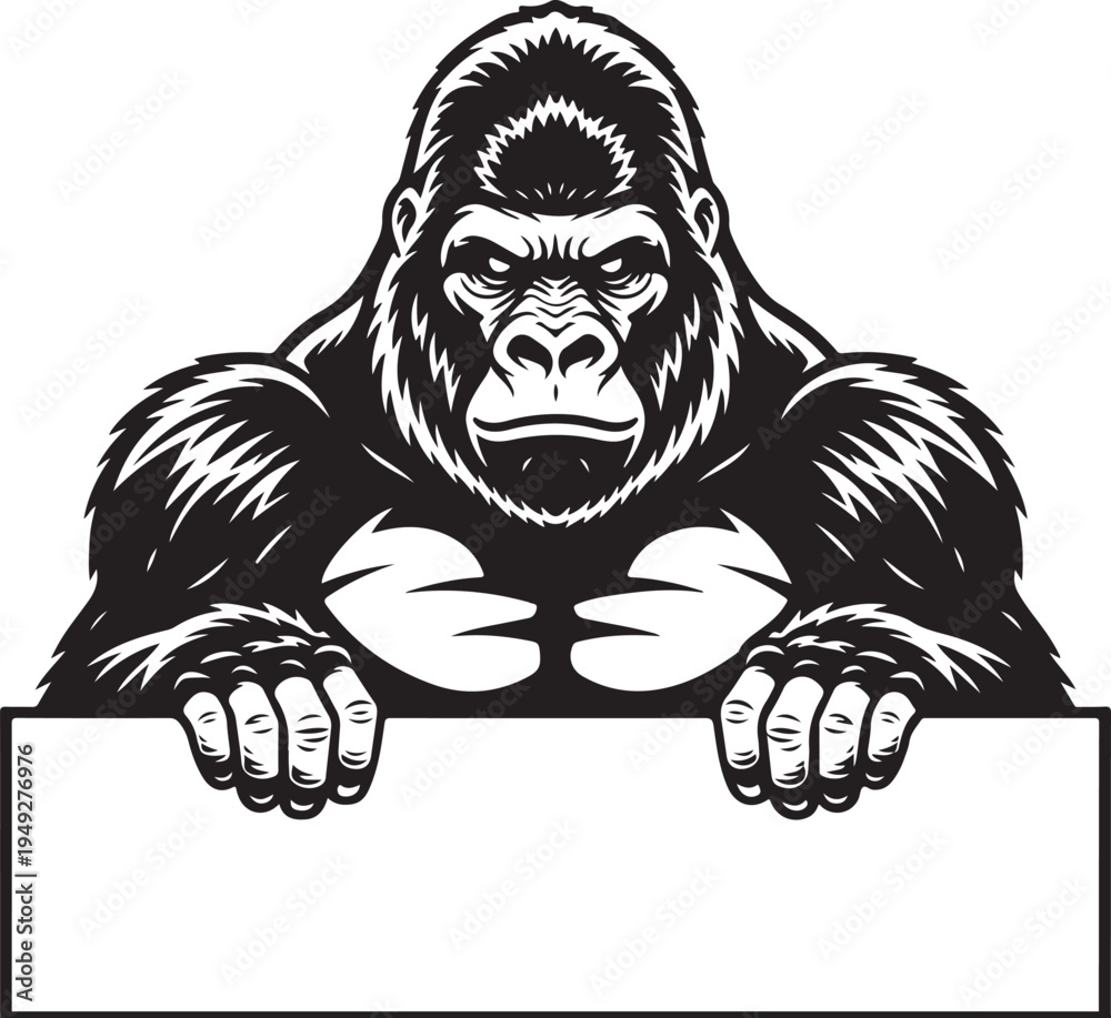 Fototapeta premium Gorilla peeking over a blank sign with a serious expression