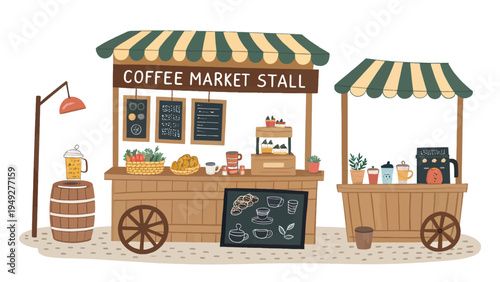 Vibrant street coffee market stall vector illustration set with wooden carts green striped awnings and various coffee drinks