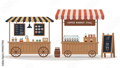 Vector illustration of two wooden coffee market stalls with striped awnings and chalkboard menus on wheels