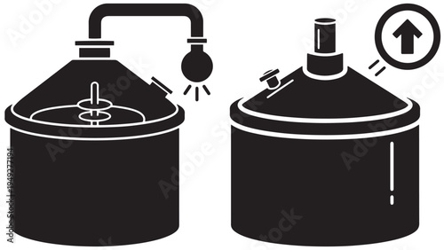 Anaerobic Digester Tank Icon With Gas Output Symbol — Minimal Black-and-White Solid Silhouette, Flat Vector, Isolated On White