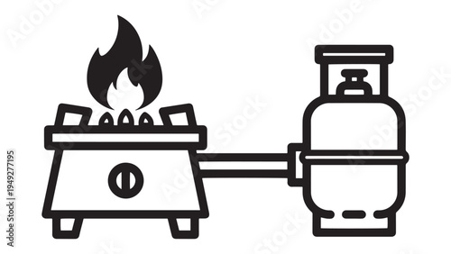 Biogas Stove Icon With Flame And Gas Cylinder Outline — Minimal Black-and-White Solid Silhouette, Flat Vector, Isolated On White