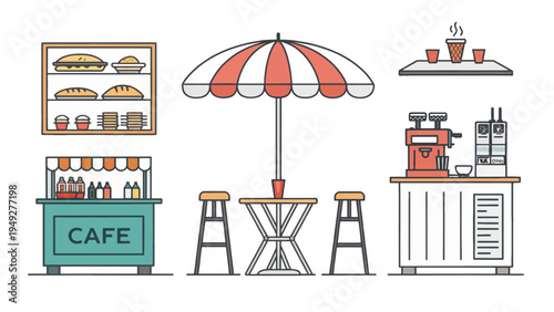 Outdoor caf equipment icon set including umbrella table coffee machine and food display on white background for restaurant or business