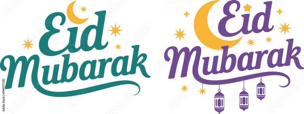 Obraz premium Eid Mubarak typography vector set with crescent moon, stars, and hanging lanterns for Islamic festival celebration