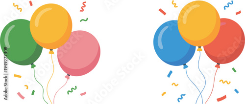 Colorful celebration balloons vector set with confetti, festive party elements for birthday, anniversary and holiday event decoration