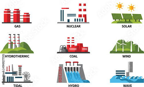 Energy Sources Vector Set Featuring Gas, Nuclear, Solar, Wind, Hydro, Coal, Tidal, and Wave Power for Renewable Energy Illustrations
