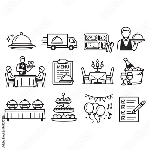 Catering icon set vector. Catering service, food, delivery of ready meals, guest service, menu for event, banquet vector