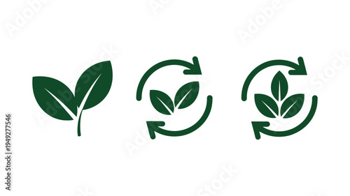 Green Eco and Recycle Icons, vector symbols with plant leaves, representing nature, sustainability, organic growth, and environmental protection, suitable for eco-friendly design, apps, and websites.