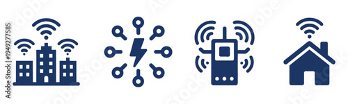 Smart city system icon set, IoT infrastructure connectivity and monitoring symbols, urban technology network elements, digital city management concept, modern solid