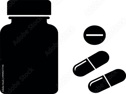 Black silhouette icon of a medicine bottle with a cap and various pills and capsules next to it, representing pharmaceuticals and healthcare.