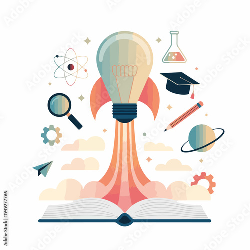 Minimal Flat Vector Illustration of Creative Learning Concept with Rocket Lightbulb Launching from Open Book, Education and Science Icons Modern Infographic Style