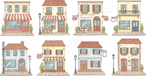 Cute European Street Shop Buildings Vector Illustration Set Featuring Cafe Bakery Boutique Restaurant Storefront Houses with Balcony Windows and Outdoor Tables
