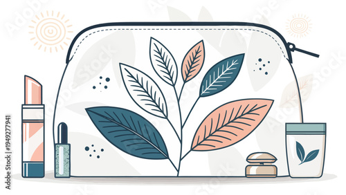 Modern beauty accessories pouch vector with stylish makeup and leaf design elements on white background
