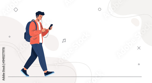 Young Man Walking with Backpack and Phone, Listening to Music