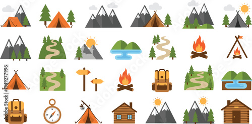 Camping and Hiking Outdoor Adventure Icon Set Featuring Tent Campfire Backpack Mountains Forest Trail Compass and Travel Nature Symbols