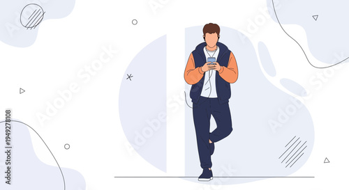 Young man listening to music on phone, leaning against wall with abstract shapes