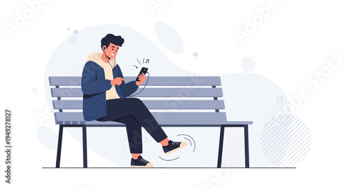 Young man listening to music on smartphone while sitting on a park bench, tapping foot