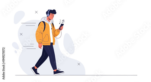 Young Man Listening to Music on Smartphone While Walking with Headphones