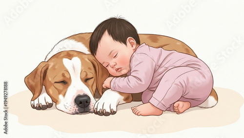 Sleeping Baby with Loyal Dog – Cute Newborn and Pet Friendship Illustration