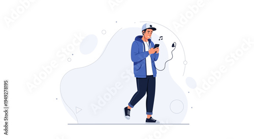 Young man listening to music on smartphone while walking, modern illustration