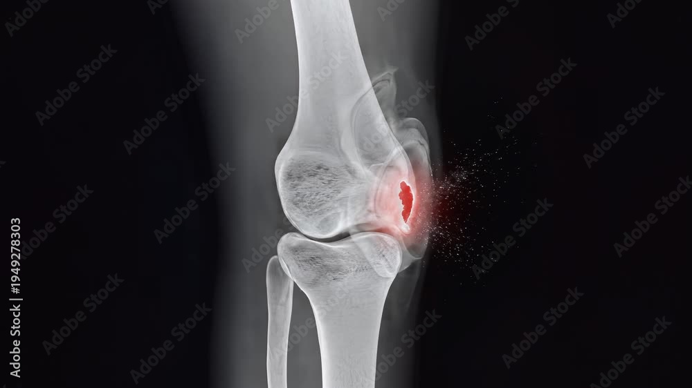 Knee Joint Pain, cinematic x-ray visualization of human femur, tibia ...