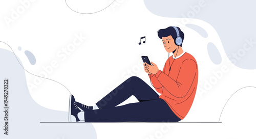 Young man listening to music on smartphone with headphones, relaxing.