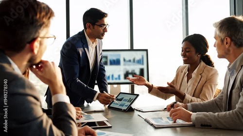Diverse Business Team Collaborating in Modern Conference Room with City Skyline View