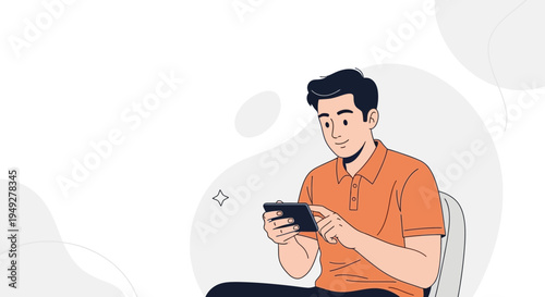 Young man playing mobile game on a smartphone, sitting on a chair, orange shirt