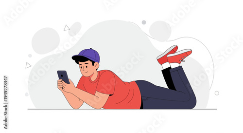 Young man lying on stomach using smartphone, casual style, flat design illustration