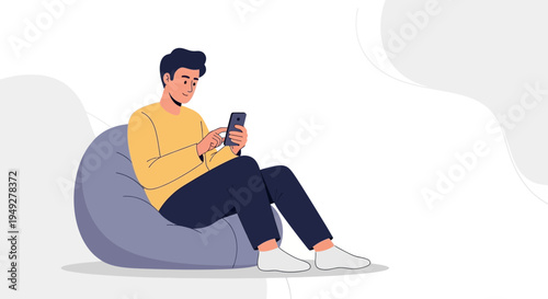 Young man relaxing on bean bag chair using smartphone, modern lifestyle illustration