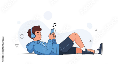 Young man relaxing listening to music on smartphone with headphones, cartoon style