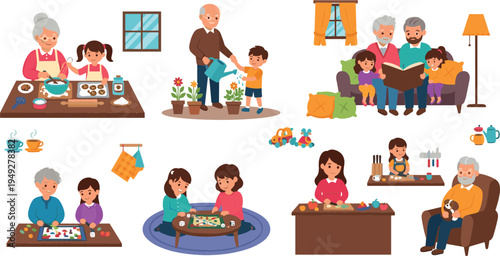 Grandparents and Grandchildren Family Activities Illustration Set Featuring Cooking, Gardening, Reading Stories, Playing Games, Crafting and Caring Moments in Warm Family Lifestyle Scenes
