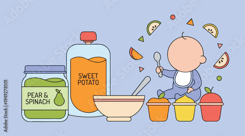 Illustration of a baby with spoon and various healthy fruit and vegetable baby foods
