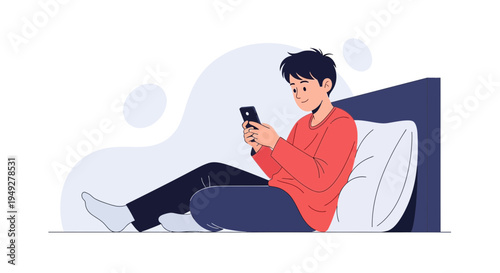 Young man sitting on bed using smartphone, relaxed lifestyle, modern illustration