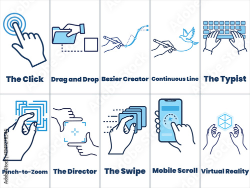 UI-UX Interaction & Touch Screen Hand Gesture Icon Set. Modern line art vector graphics featuring click, swipe, zoom, drag and drop, VR, and digital design actions in blue and cyan.
